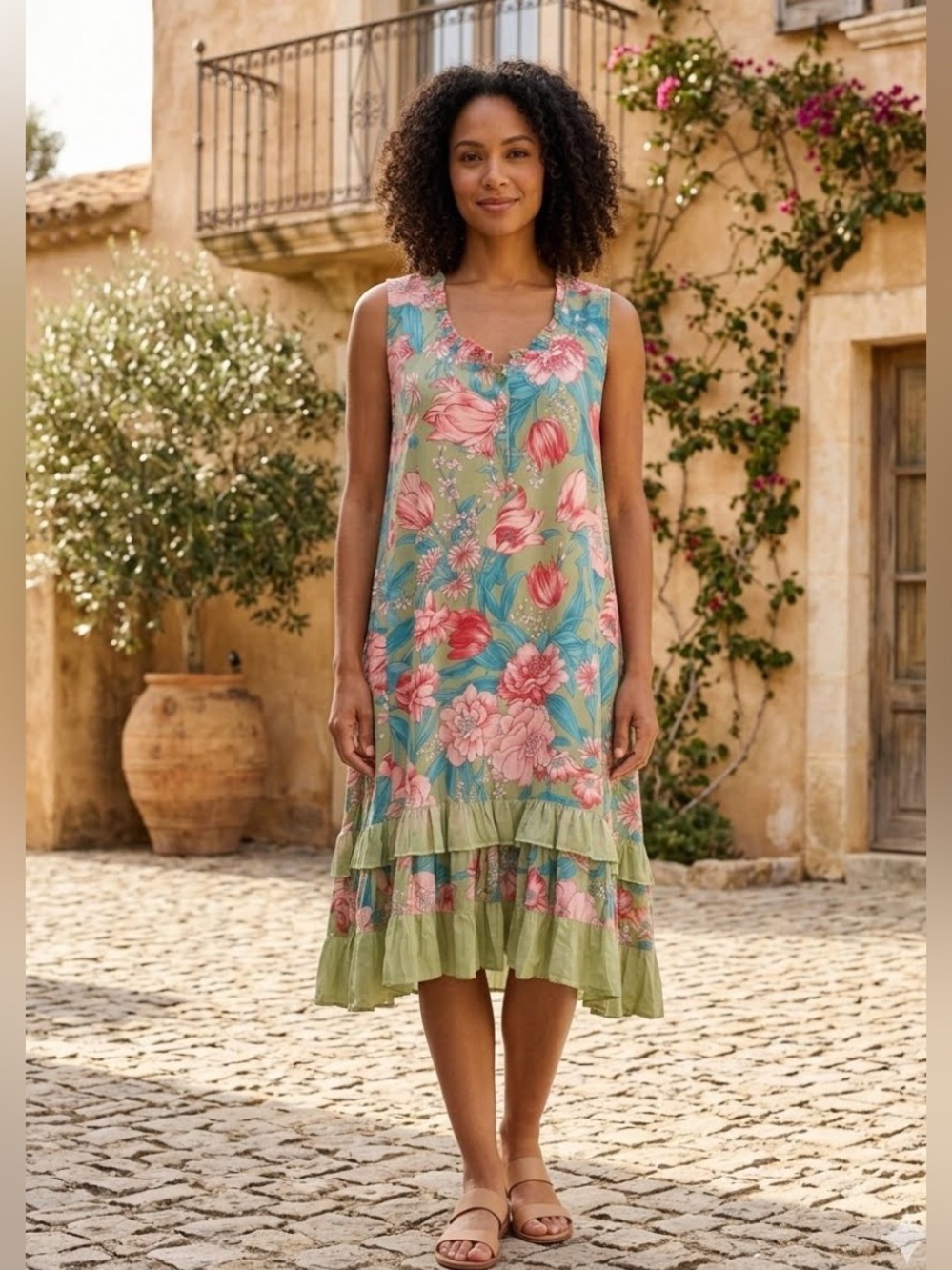Papillon Boho Coastal Floral Tiered Midi Sleeveless Dress NWOT